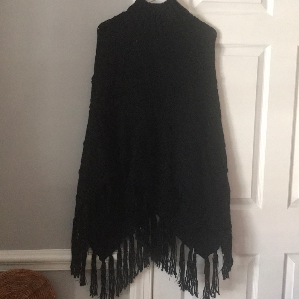 NWT Black turtle neck poncho with tassel fringe!